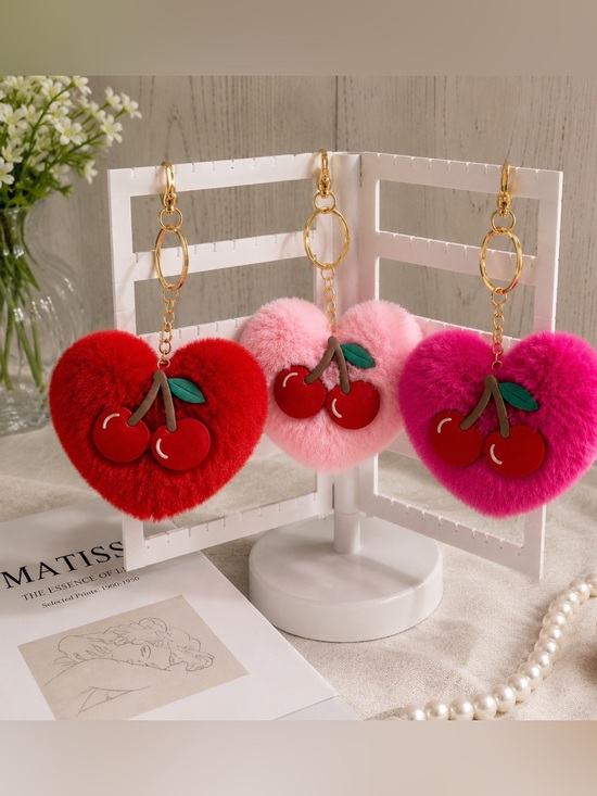 Accessories - Heart Cherry Pom Pom Keychain